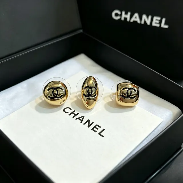 Chanel CC Logo Stud Gold Black Metallic Sculptural Earrings 5