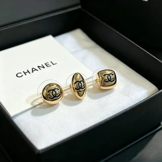 Chanel CC Logo Stud Gold Black Metallic Sculptural Earrings 6