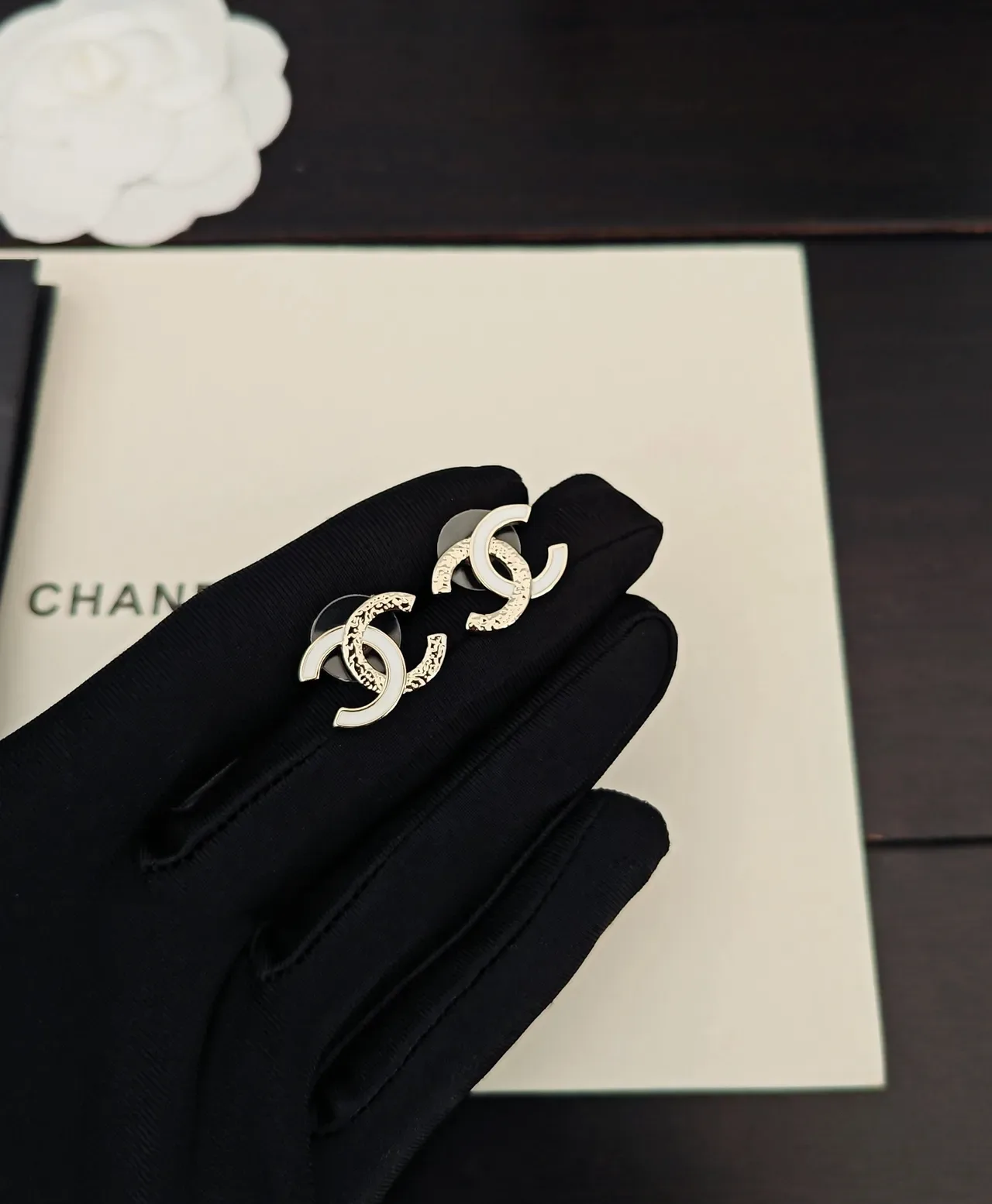 Chanel CC Logo White Enamel Gold-Tone Earrings 2