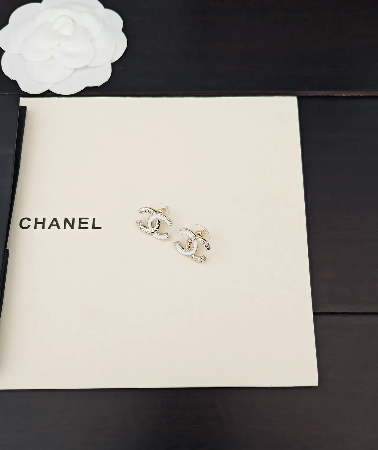 Chanel CC Logo White Enamel Gold-Tone Earrings 5