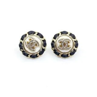 Chanel CC Navy White Circular Stud Chain-Trimmed Earrings