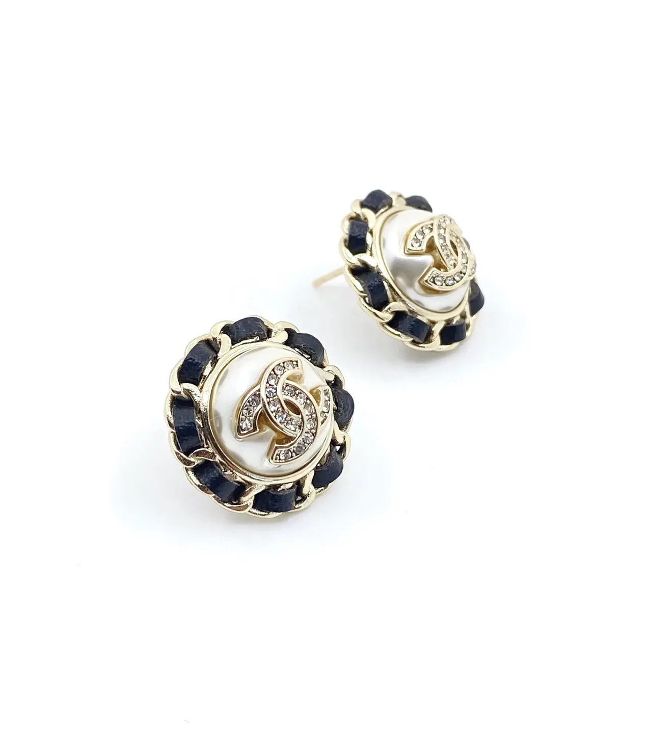 Chanel CC Navy White Circular Stud Chain-Trimmed Earrings 3