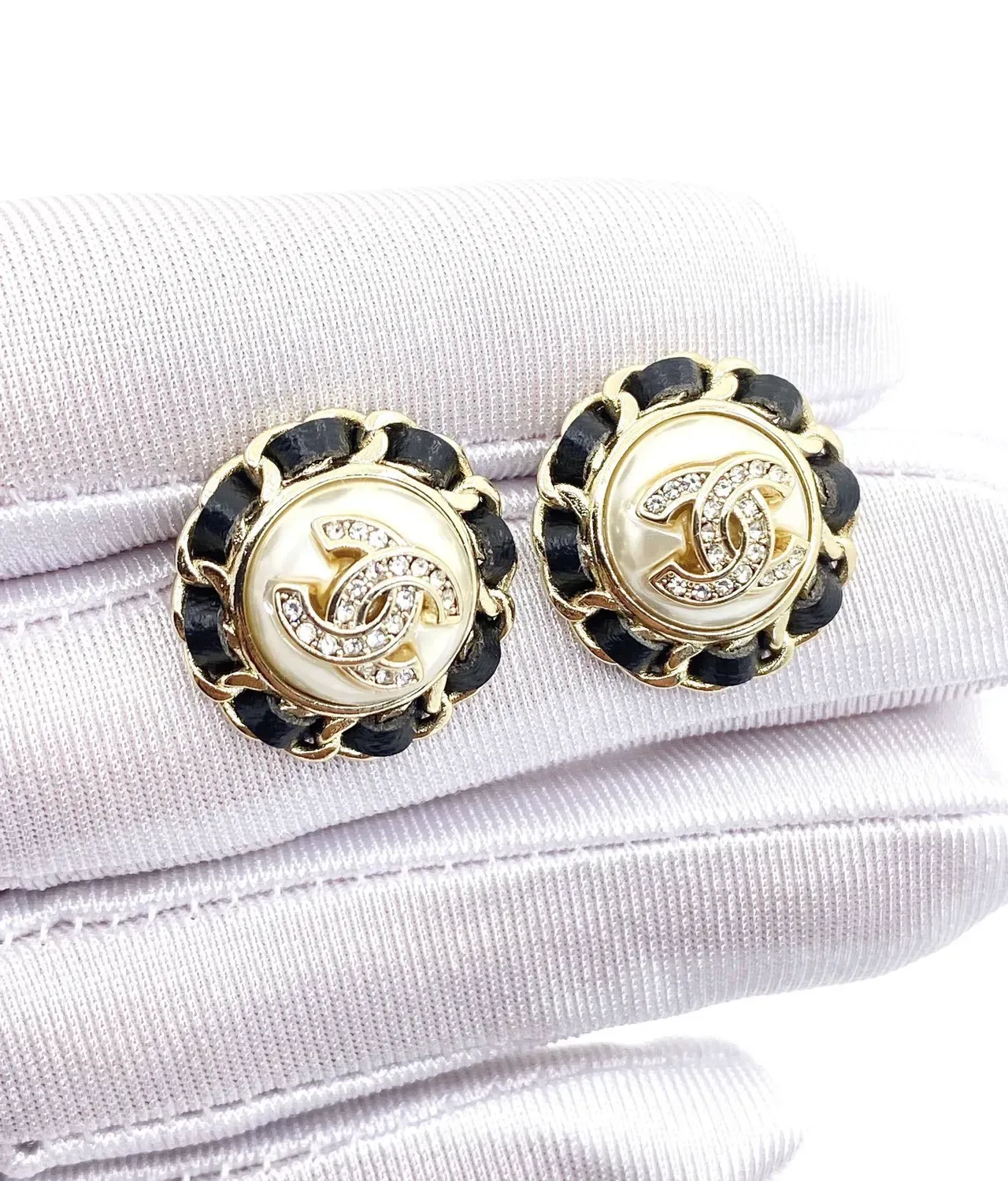 Chanel CC Navy White Circular Stud Chain-Trimmed Earrings 4