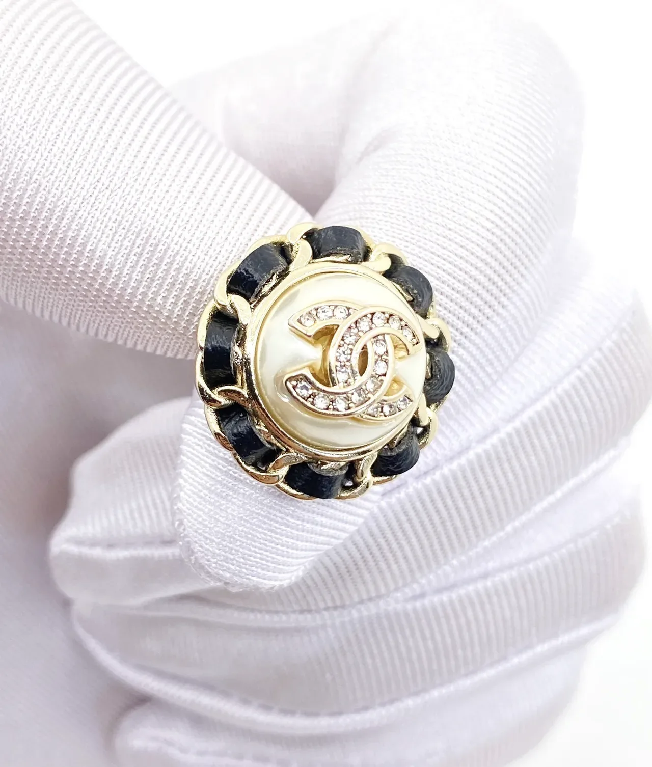 Chanel CC Navy White Circular Stud Chain-Trimmed Earrings 5