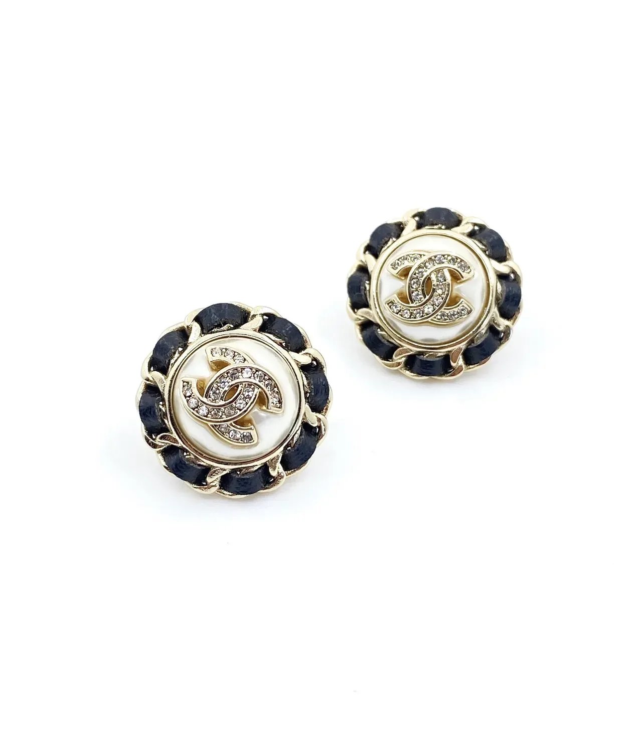 Chanel CC Navy White Circular Stud Chain-Trimmed Earrings 6