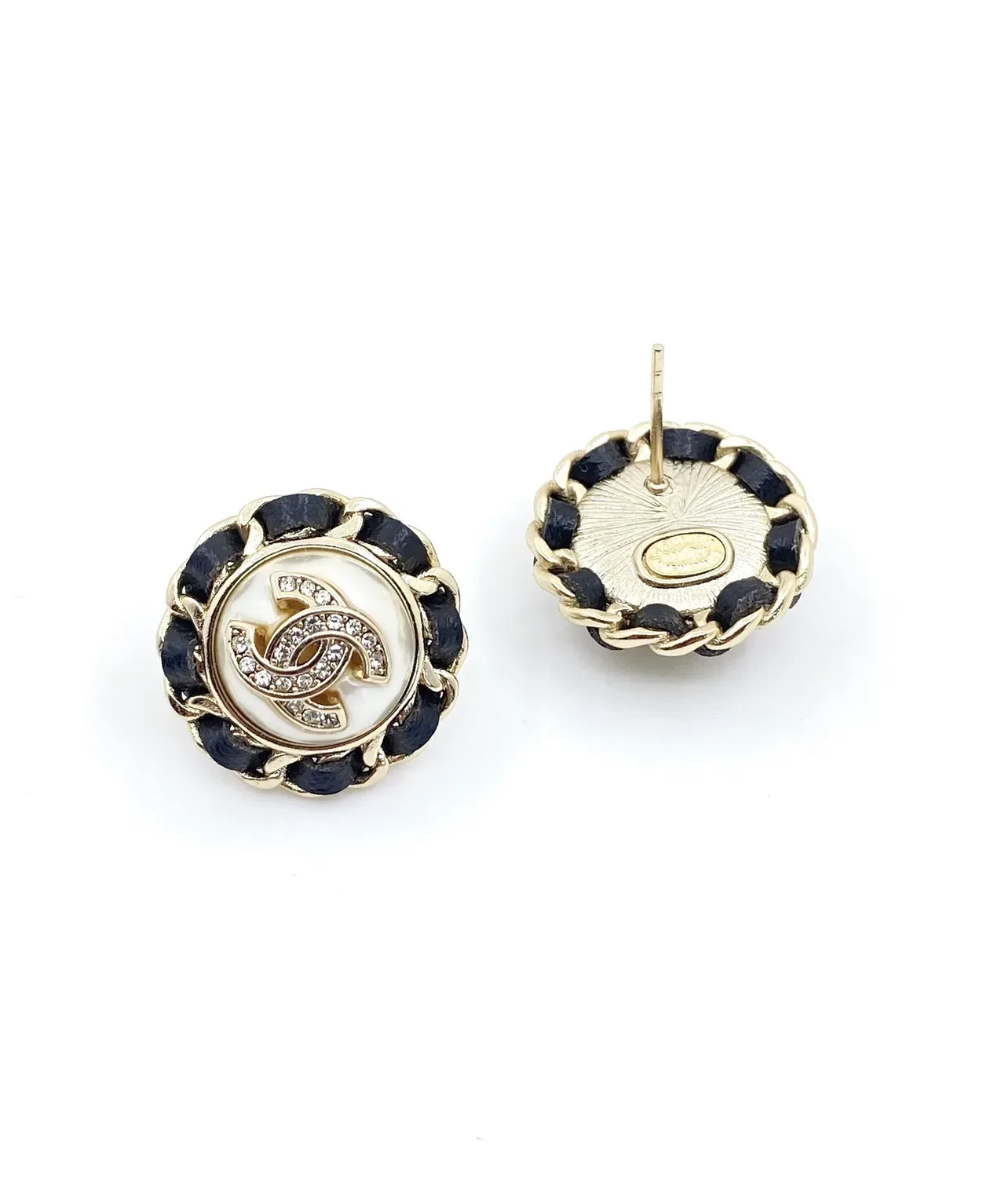 Chanel CC Navy White Circular Stud Chain-Trimmed Earrings 7