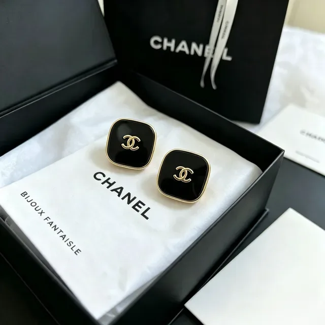 Chanel CC Square Black Enamel Gold-Tone Stud Earrings 7
