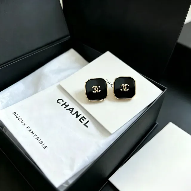 Chanel CC Square Black Enamel Gold-Tone Stud Earrings 10