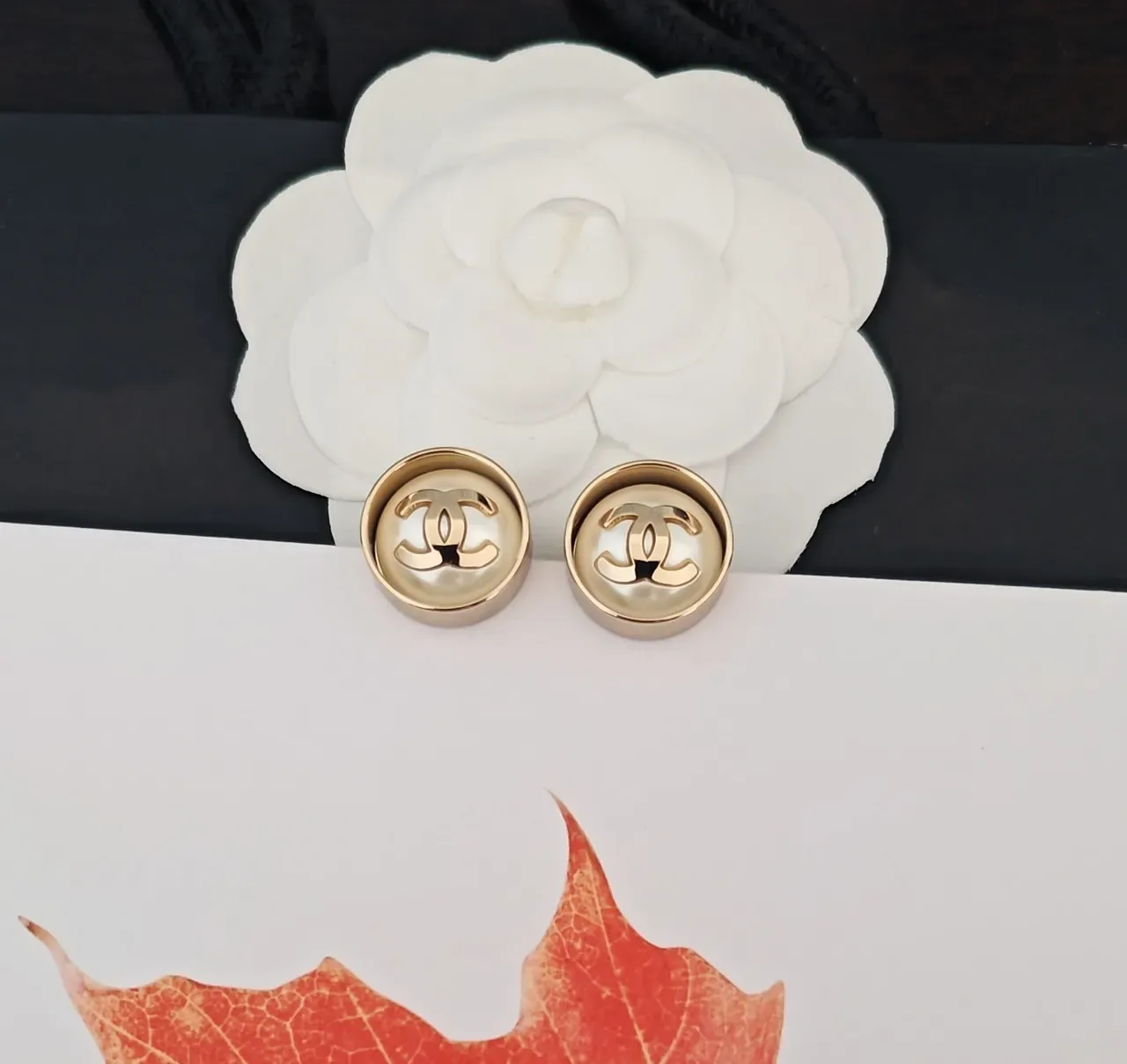 Chanel CC Stud Gold Beige Circular Metal Earrings 4