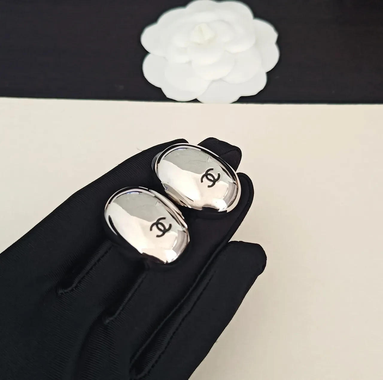 Chanel CC Stud Silver Black Oval-Shaped Polished Metal Earrings 2