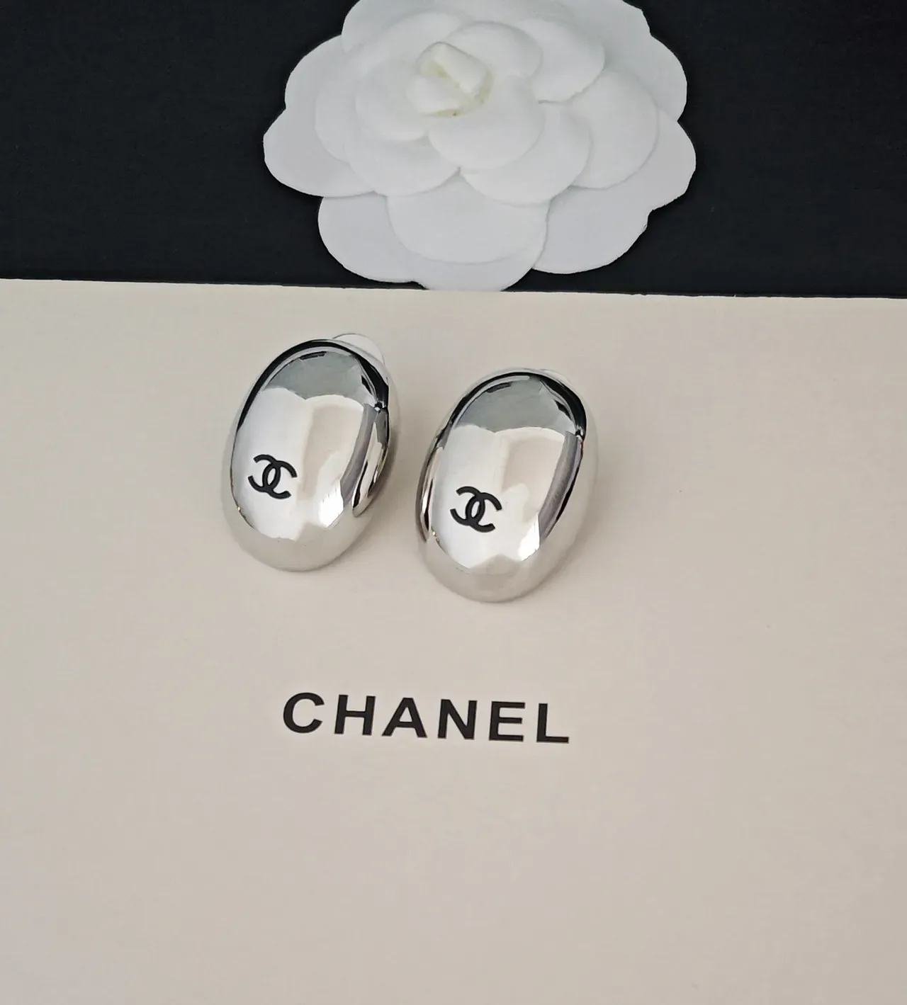 Chanel CC Stud Silver Black Oval-Shaped Polished Metal Earrings 4