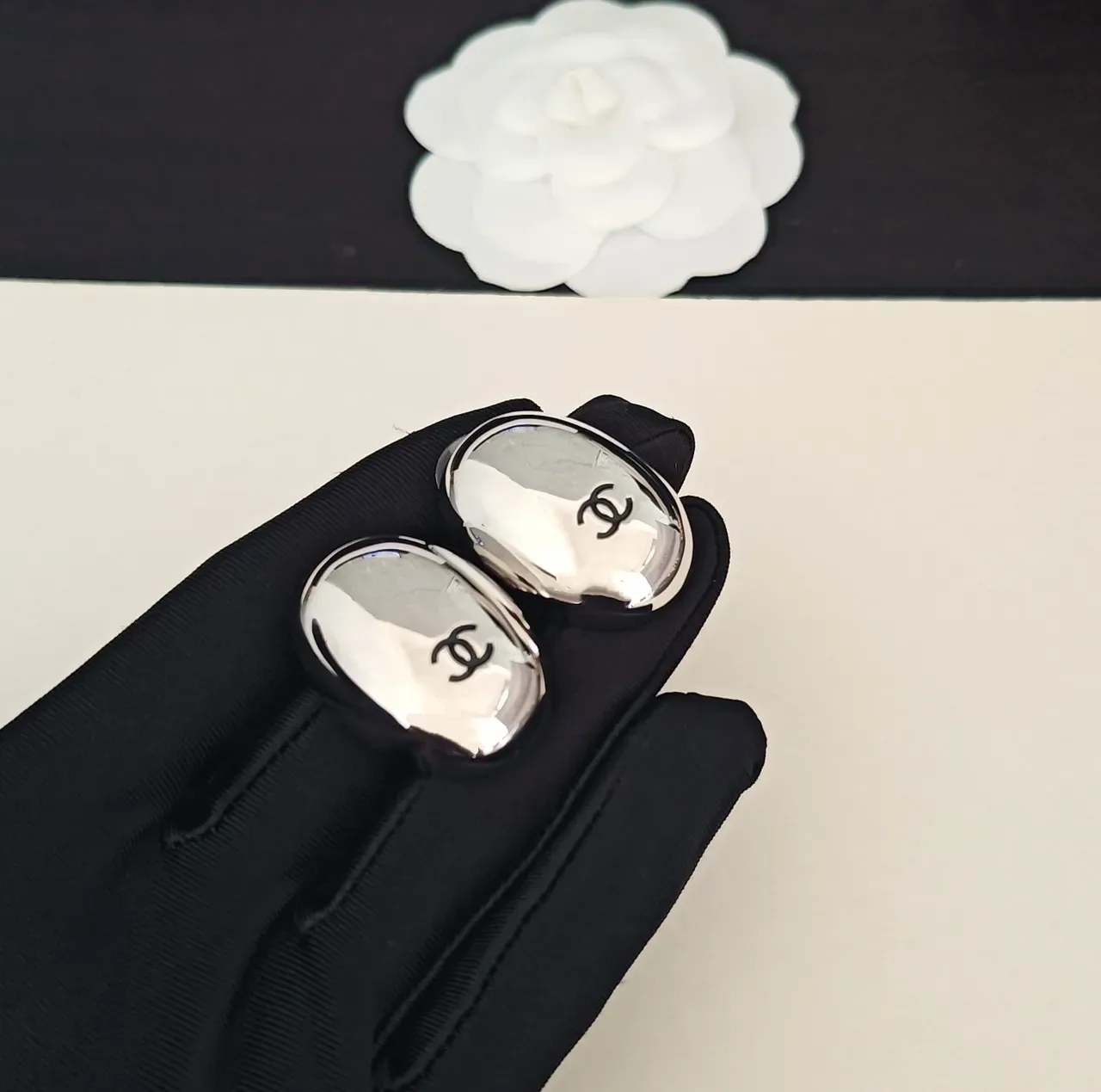 Chanel CC Stud Silver Black Oval-Shaped Polished Metal Earrings 5