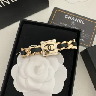 Chanel Chain Link Bracelet Gold Black Curb Leather Strap Bracelet