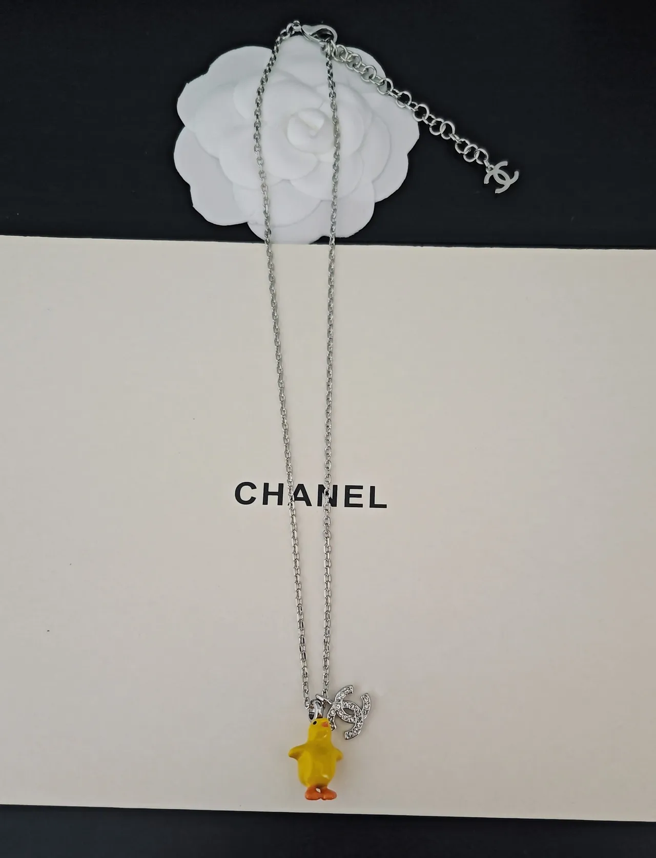 Chanel Chick Charm Necklace Yellow Silver Curb Chain Enamel Pendant Necklace 2