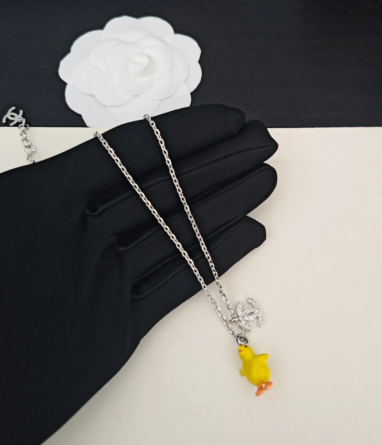 Chanel Chick Charm Necklace Yellow Silver Curb Chain Enamel Pendant Necklace 3