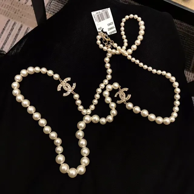 Chanel Classic Pearl Necklace White Silver Double-Strand Necklace 9