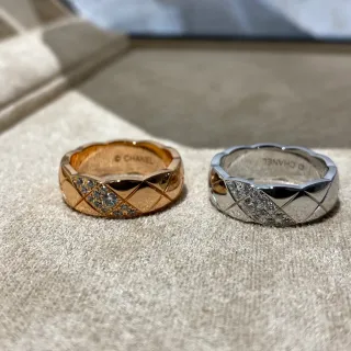 Chanel Coco Crush Gold Silver Quilted Diamond-Cut Band Pavé-Set Crystal Detail Ring