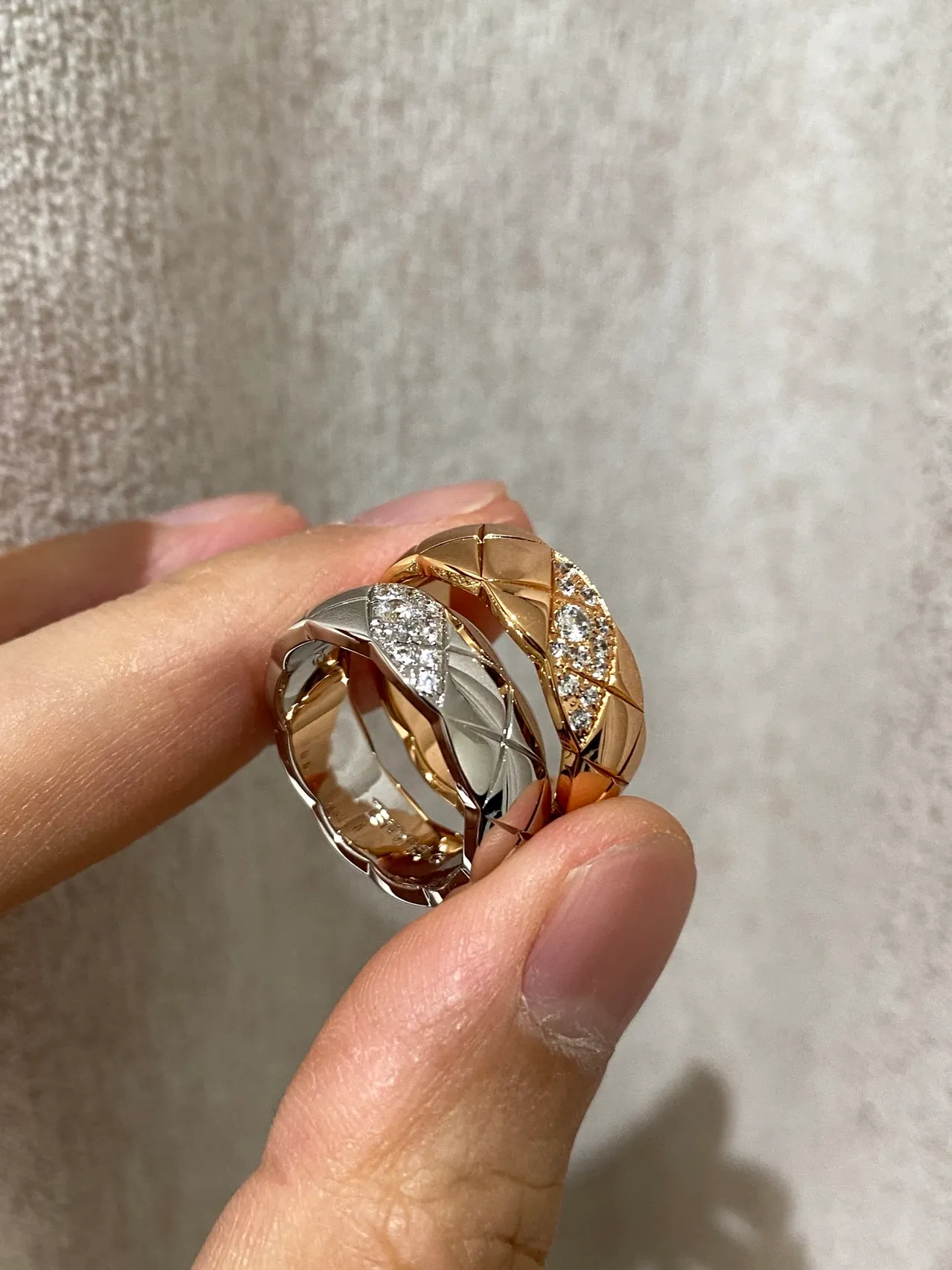 Chanel Coco Crush Ouro Prata Quiltada Corte Diamante Faixa Pavé-Set Detalhe Cristal Anel 10