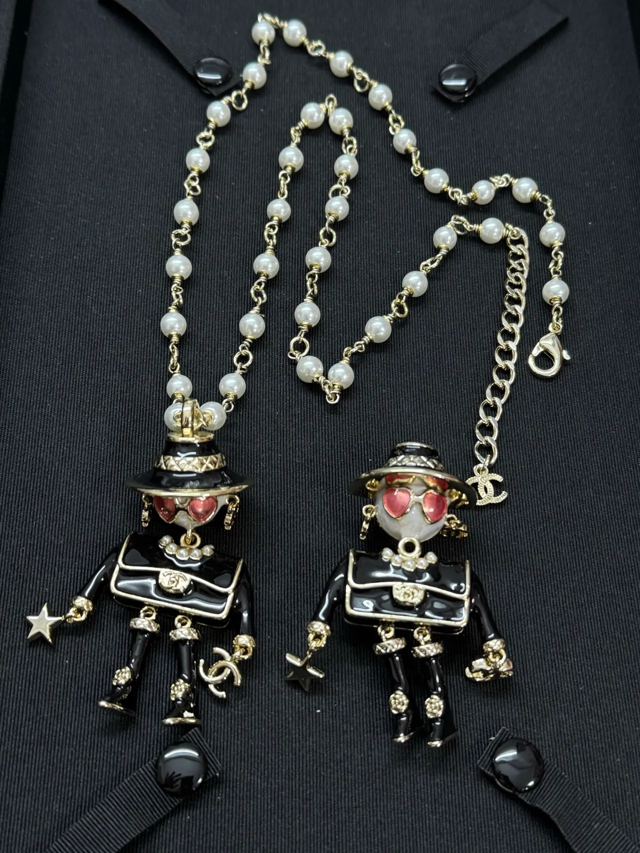 Chanel Figurine Pendant Black White Pearl-and-Metal Chain Figural Enamel Necklace 2