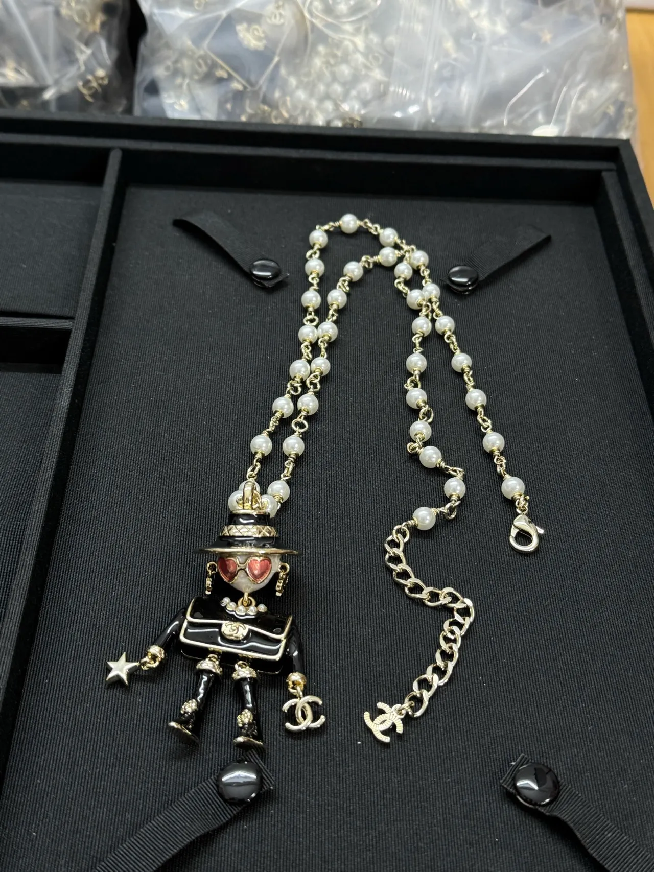 Chanel Figurine Pendant Black White Pearl-and-Metal Chain Figural Enamel Necklace 5