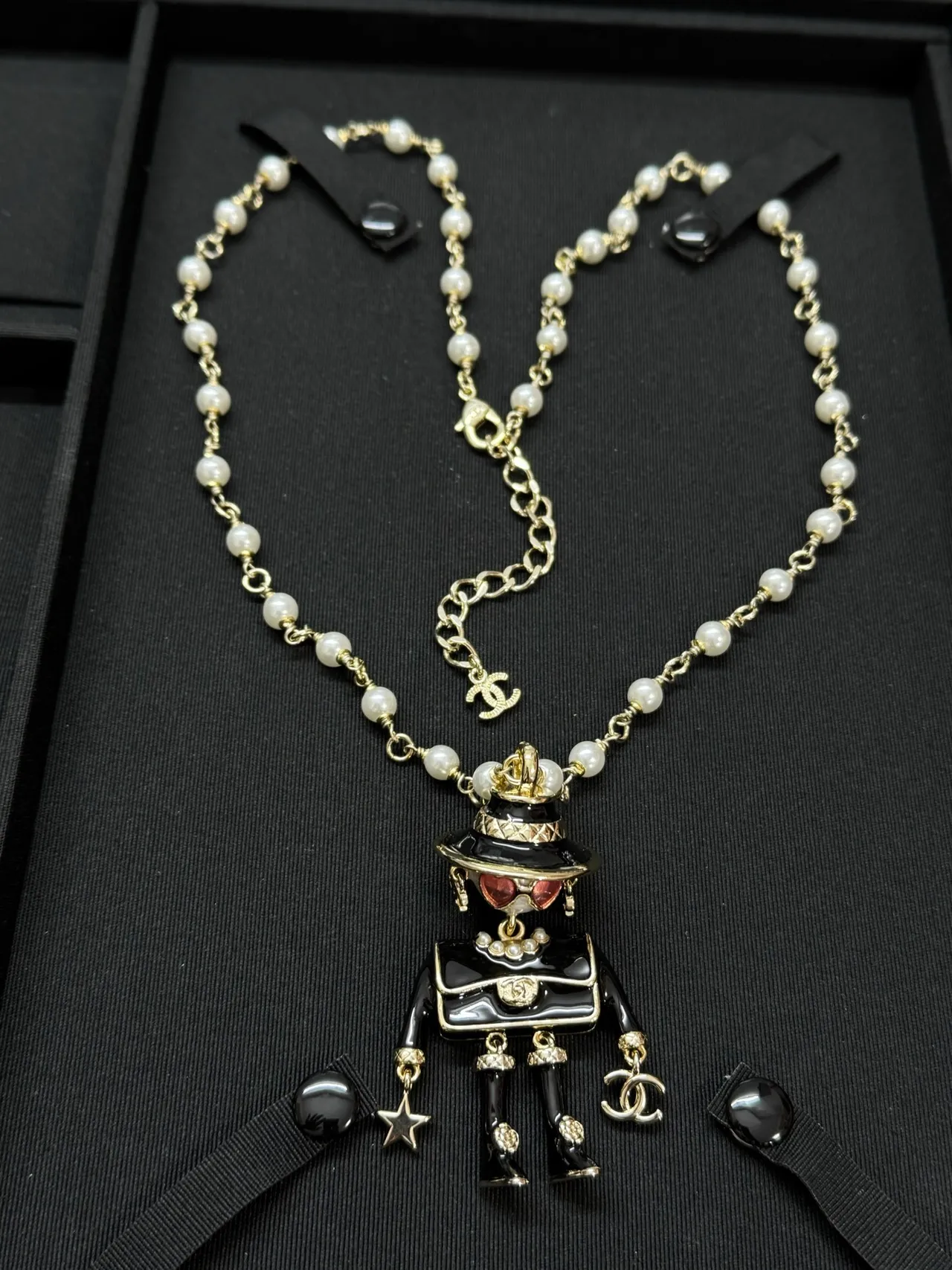 Chanel Figurine Pendant Black White Pearl-and-Metal Chain Figural Enamel Necklace 6
