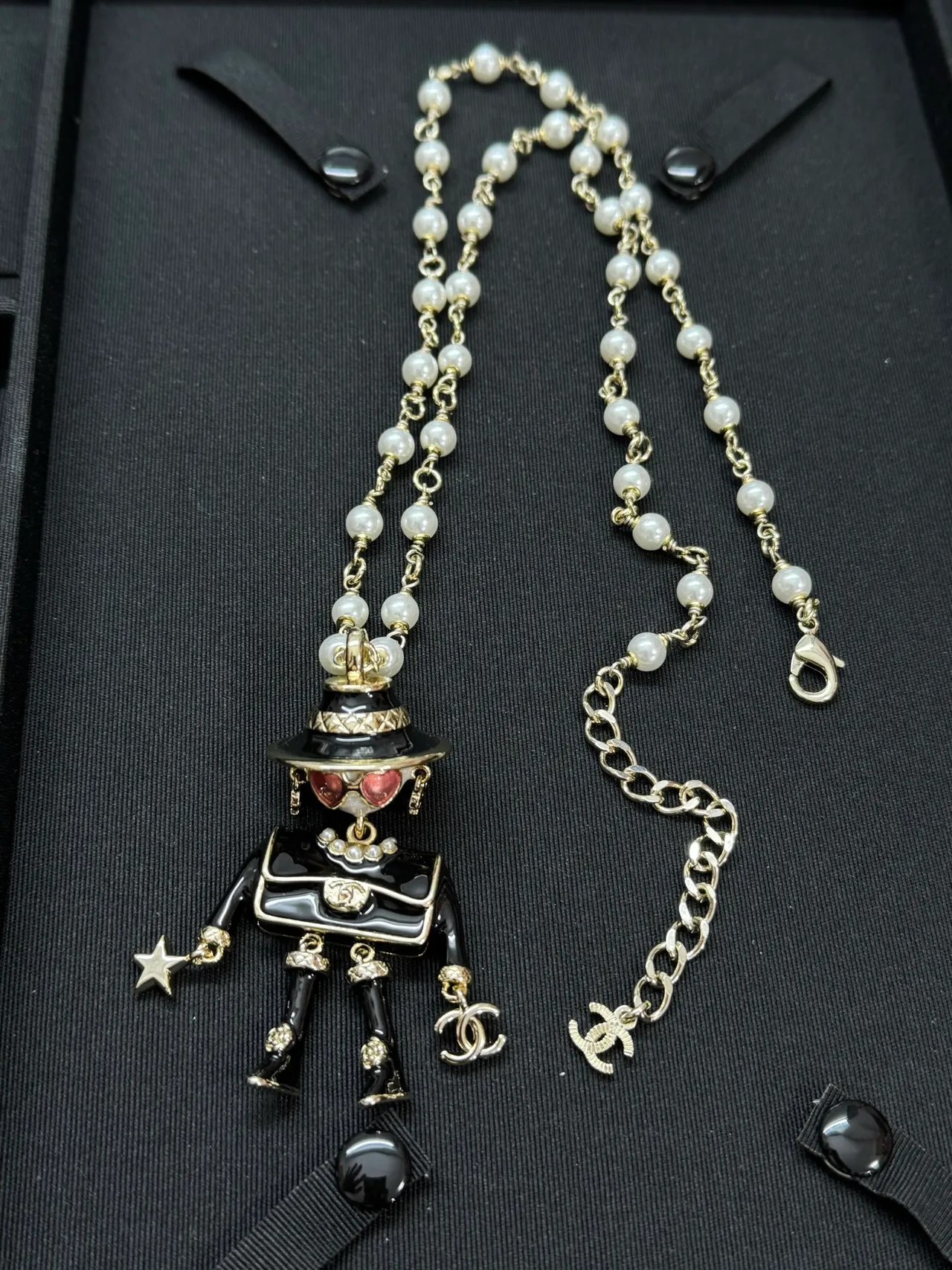 Chanel Figurine Pendant Black White Pearl-and-Metal Chain Figural Enamel Necklace 7