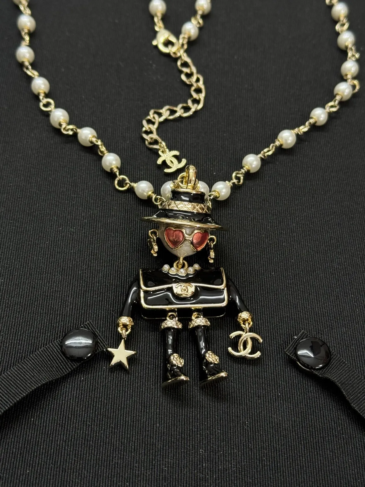 Chanel Figurine Pendant Black White Pearl-and-Metal Chain Figural Enamel Necklace 8