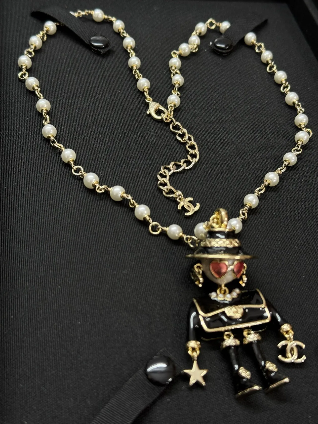 Chanel Figurine Pendant Black White Pearl-and-Metal Chain Figural Enamel Necklace 9