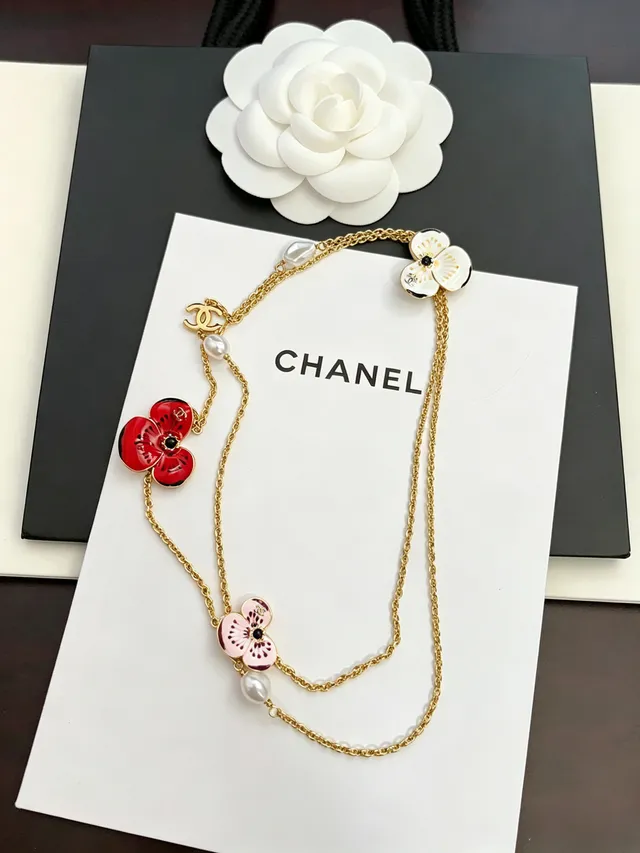 Chanel Floral Enamel and Pearl Gold-Tone Chain Necklace 6