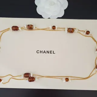 Chanel Gold Brown Chain Amber Agate Beads Necklace