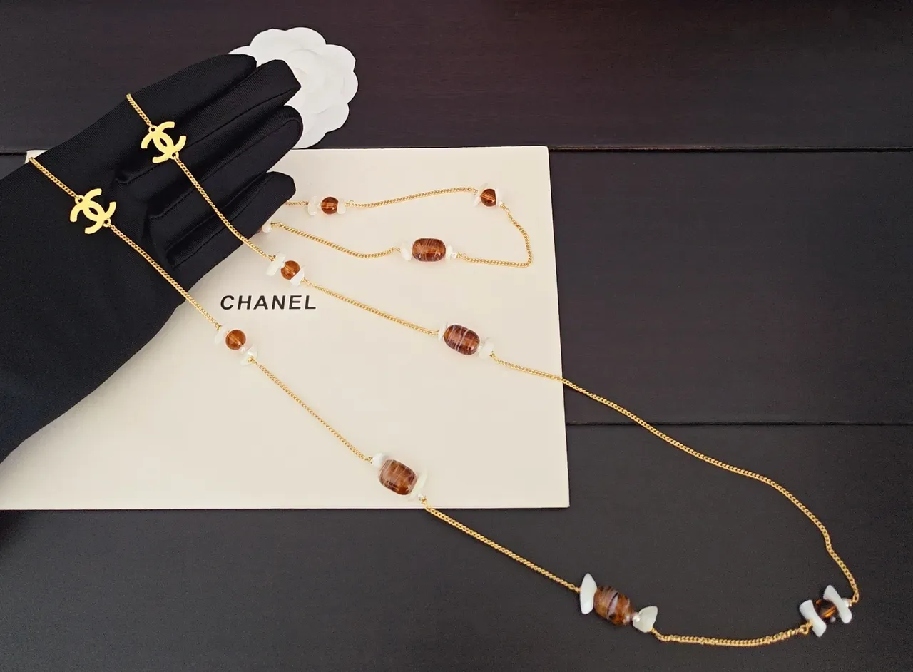 Collier Chanel Chaîne Gold Brown Perles Amber Agate 3