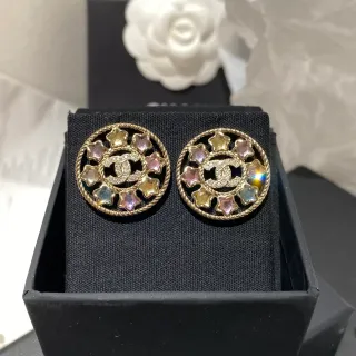 Chanel Gold Multicolor Circular Stud Rope-Edge Border Earrings