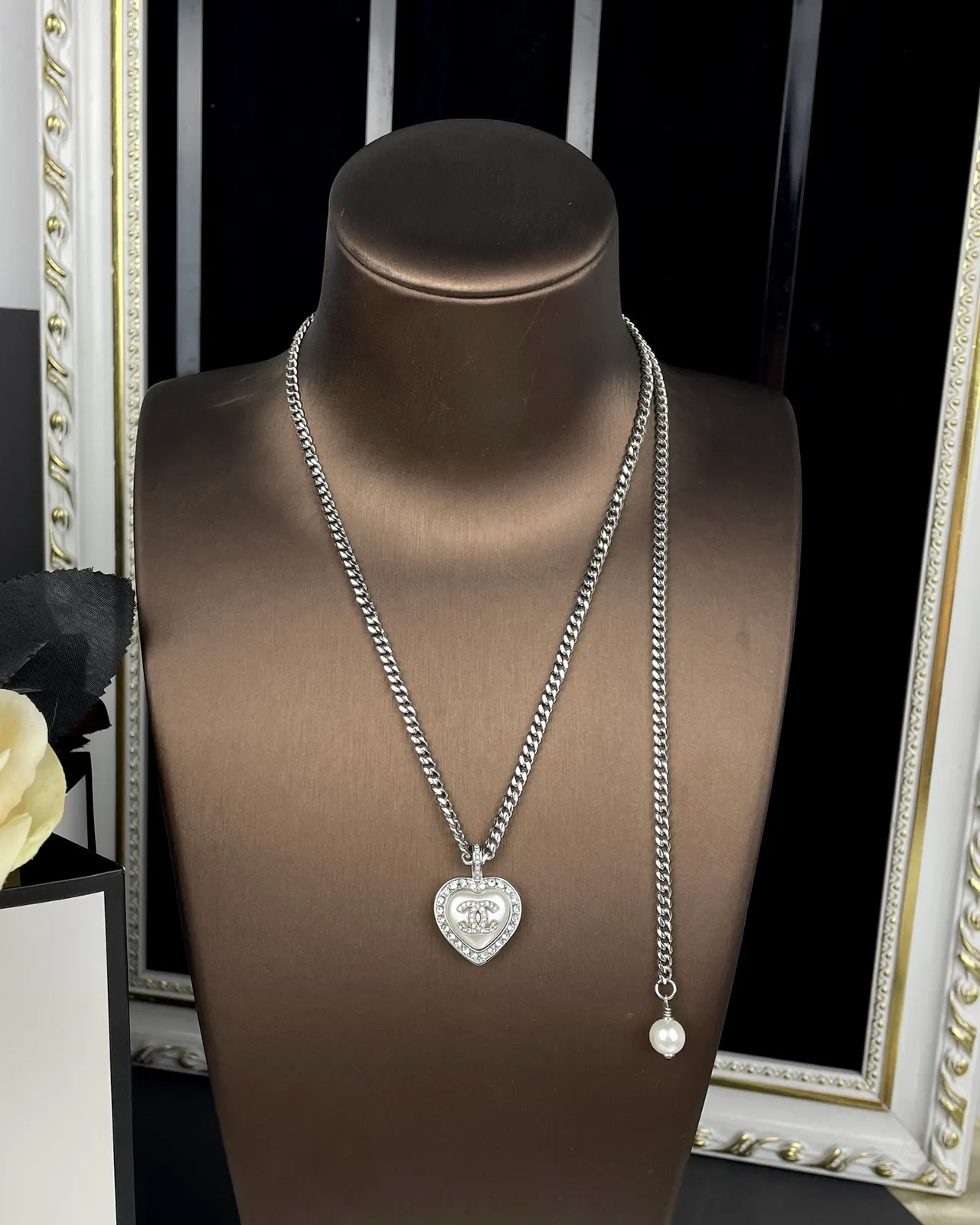 Chanel Heart Black Silver Pendant Pavé Crystal Border Necklace 5
