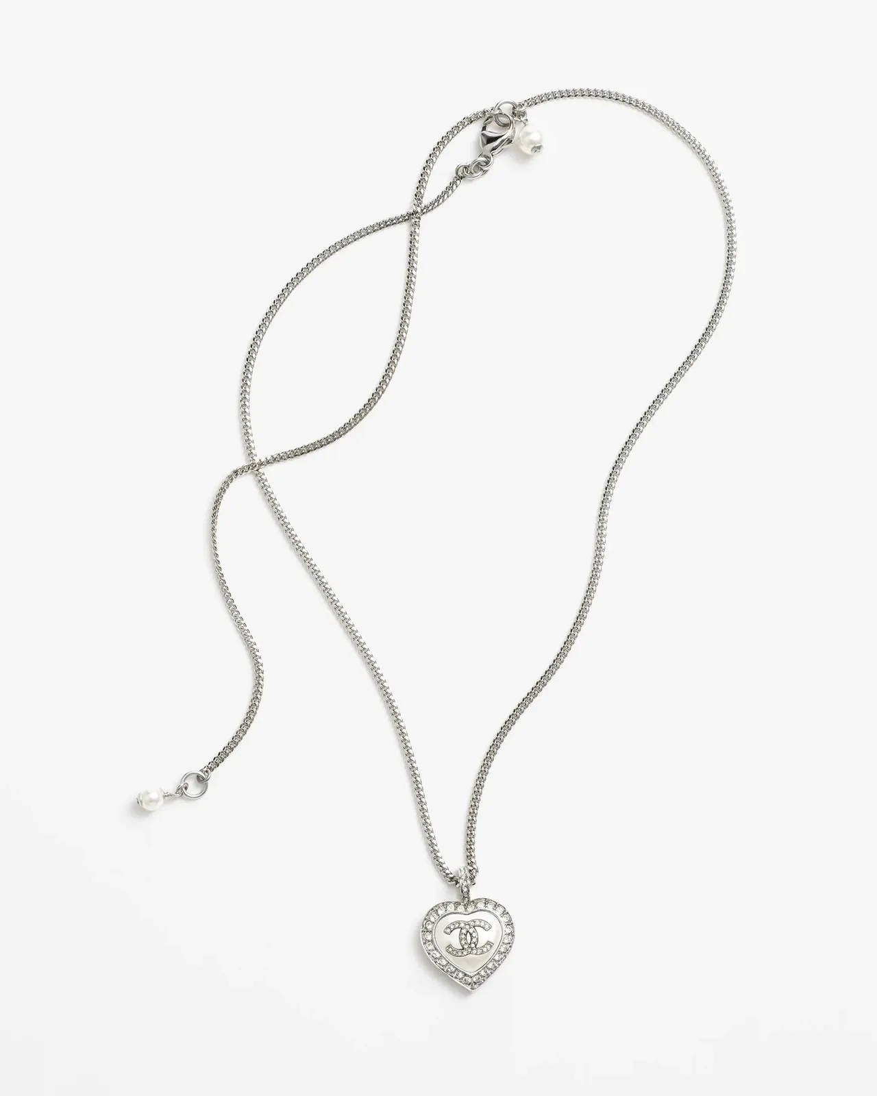 Chanel Heart Black Silver Pendant Pavé Crystal Border Necklace 6