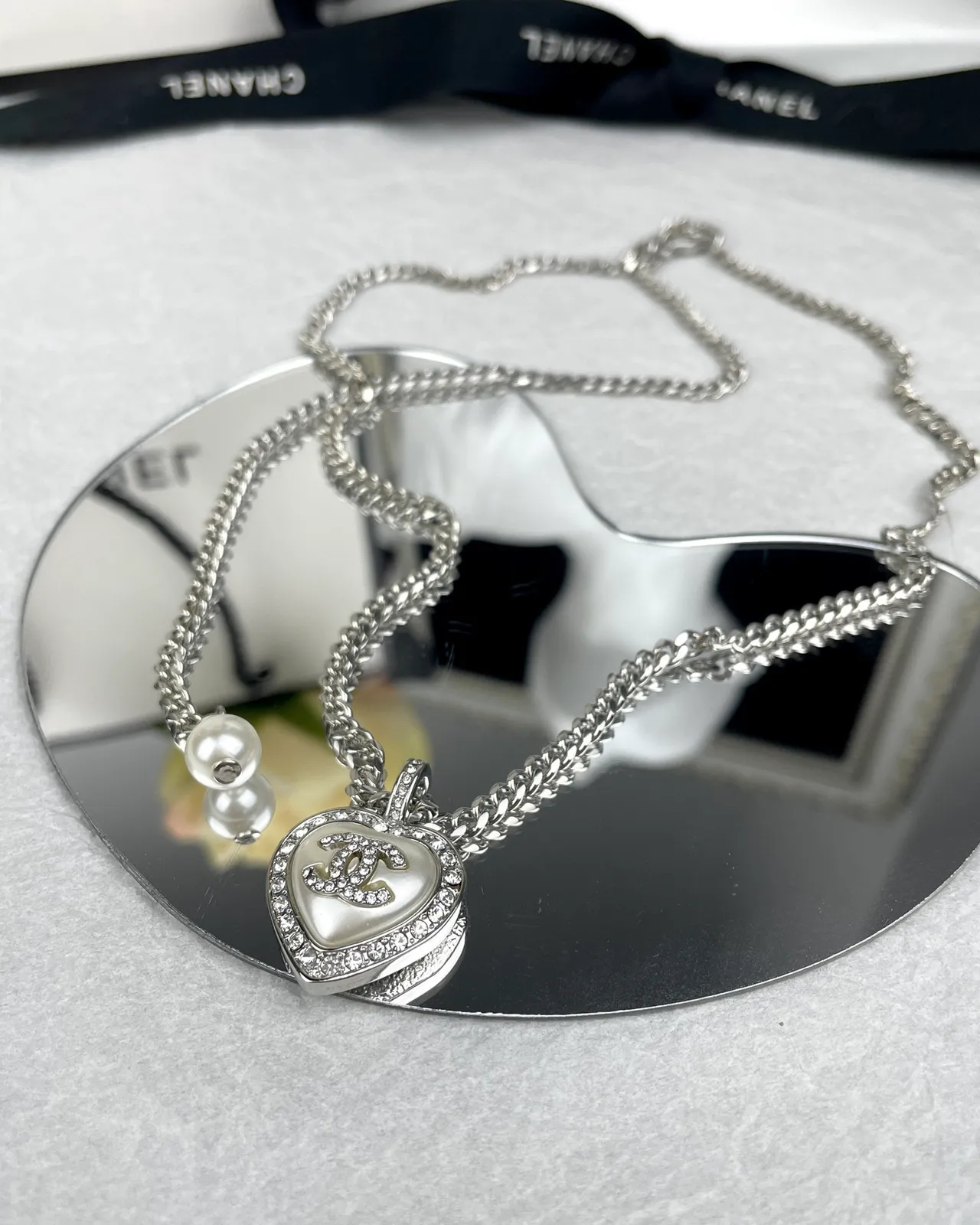 Chanel Heart Black Silver Pendant Pavé Crystal Border Necklace 7