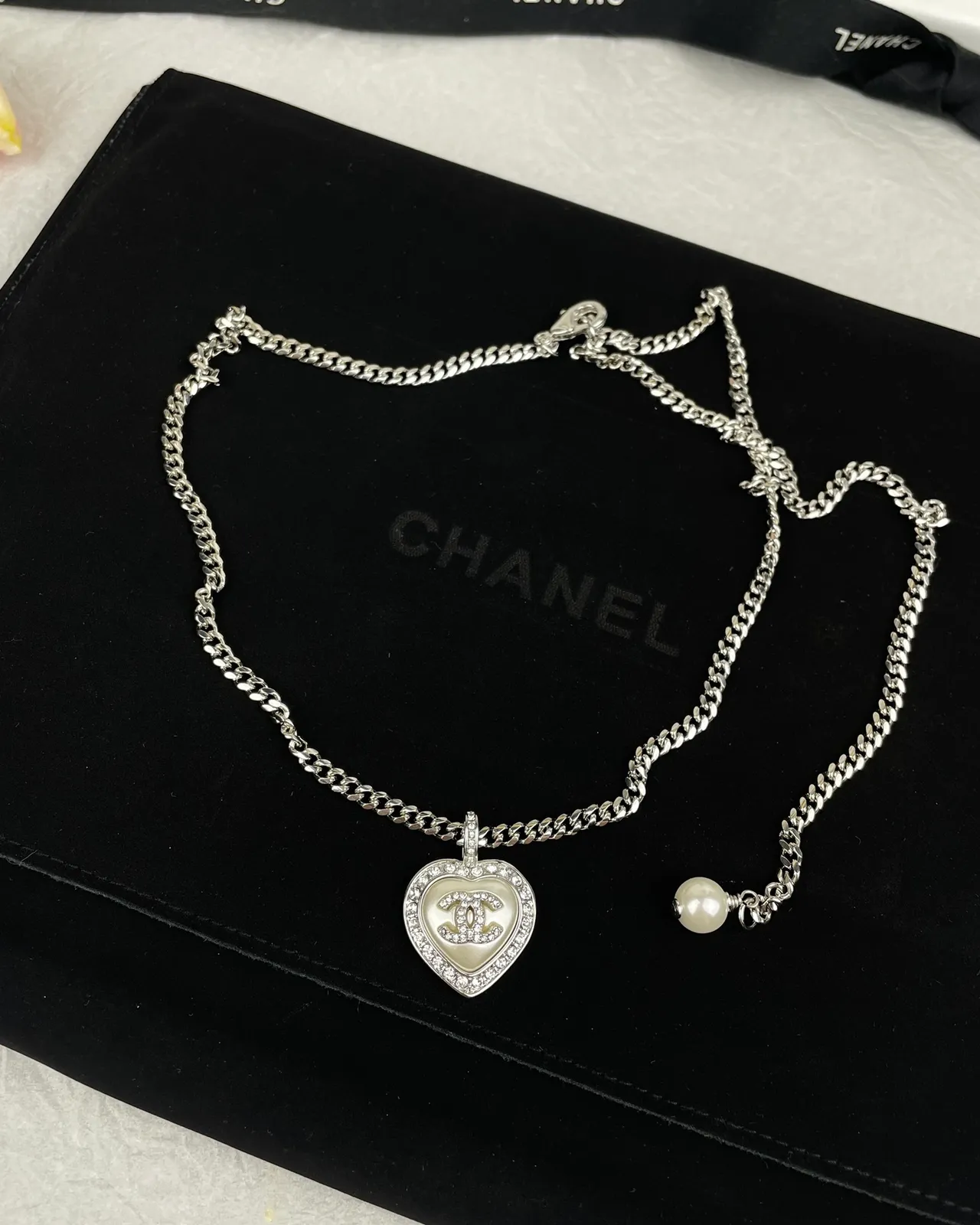 Chanel Heart Black Silver Pendant Pavé Crystal Border Necklace 9
