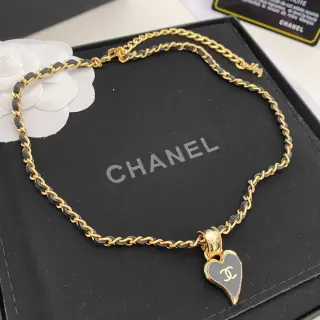 Chanel Heart Pendant Black Gold Twisted Chain Leather Interwoven Links Necklace