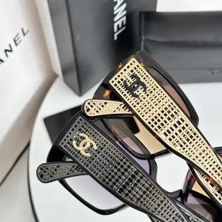 Chanel Lattice Black Gold Rectangular Frame Construction Sunglasses