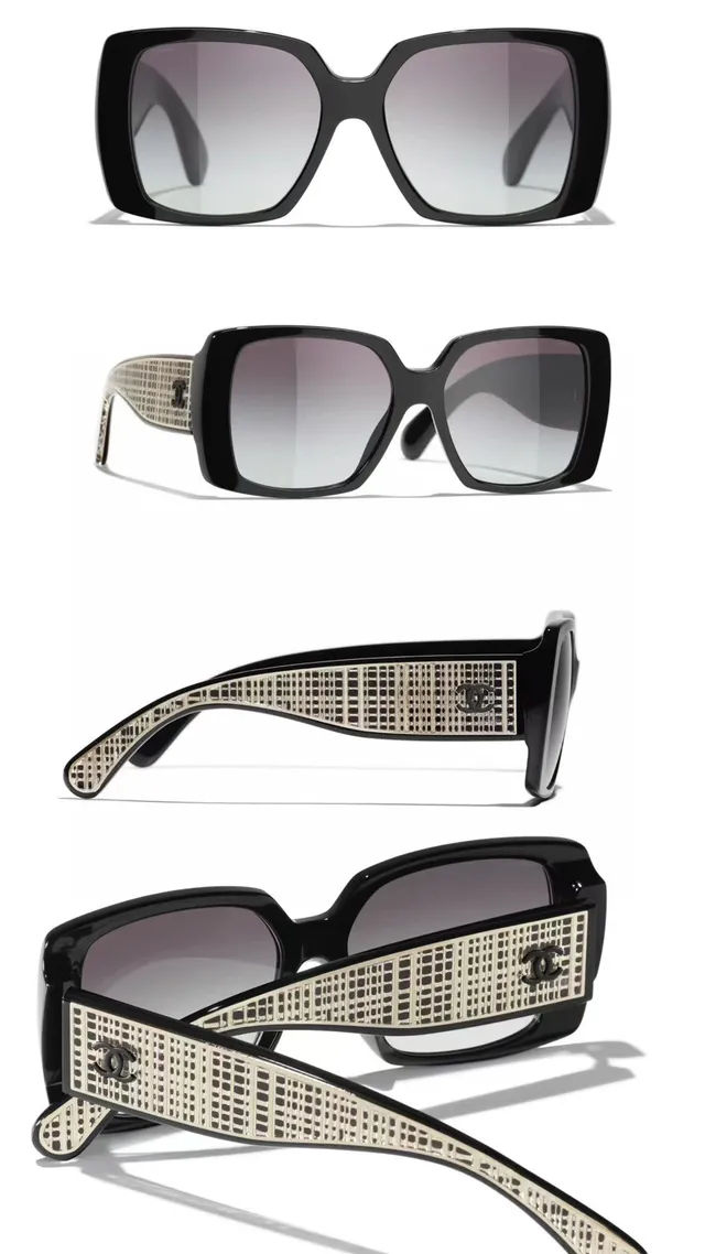 Chanel Lattice Black Gold Rectangular Frame Construction Sunglasses 2