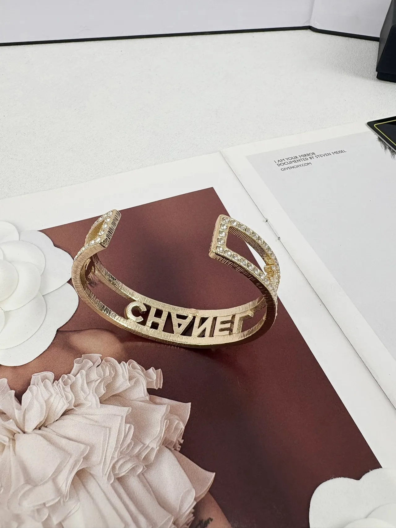 Chanel Logo Cuff Silver Transparent Open Crystal-Pavé Bracelet 3