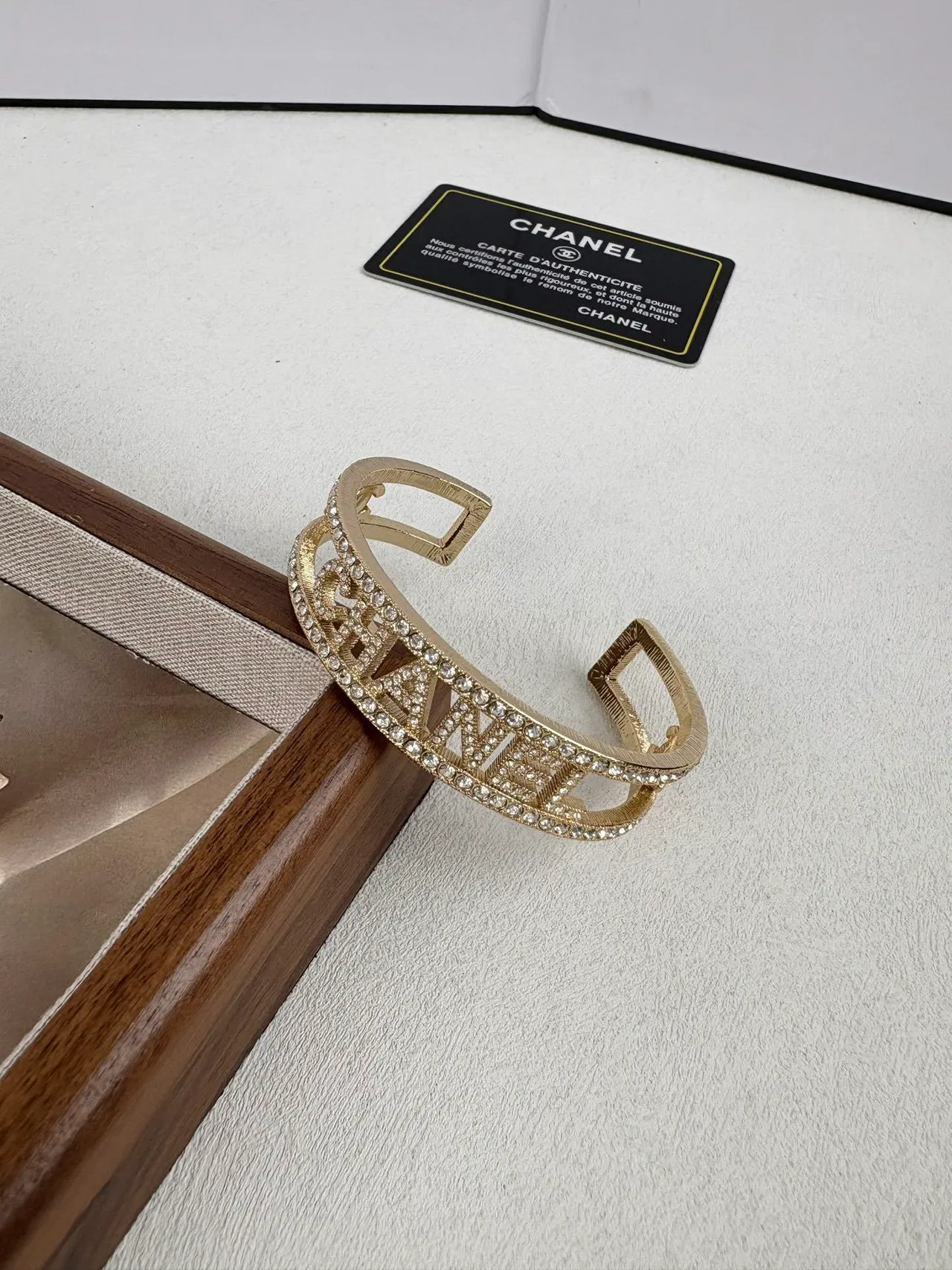 Chanel Logo Cuff Silver Transparent Open Crystal-Pavé Bracelet 9
