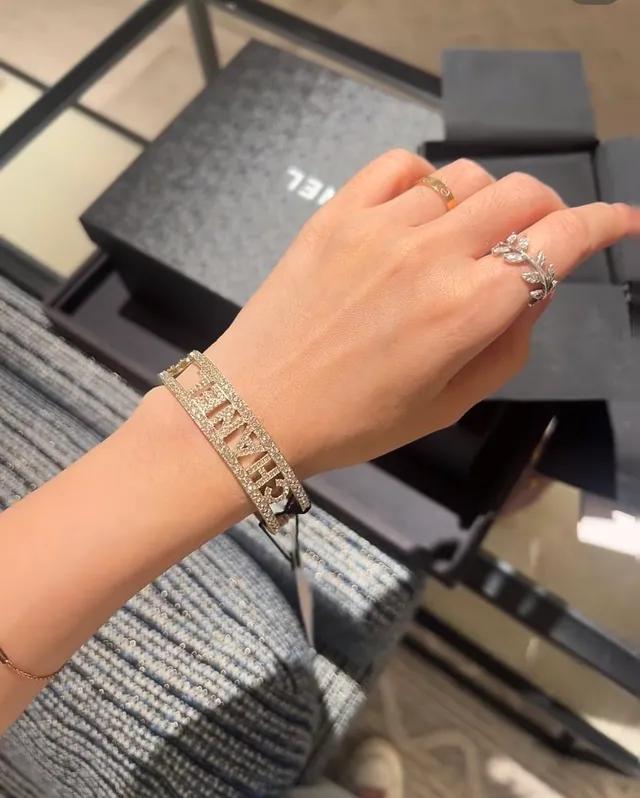 Chanel Logo Cuff Silver Transparent Open Crystal-Pavé Bracelet 10