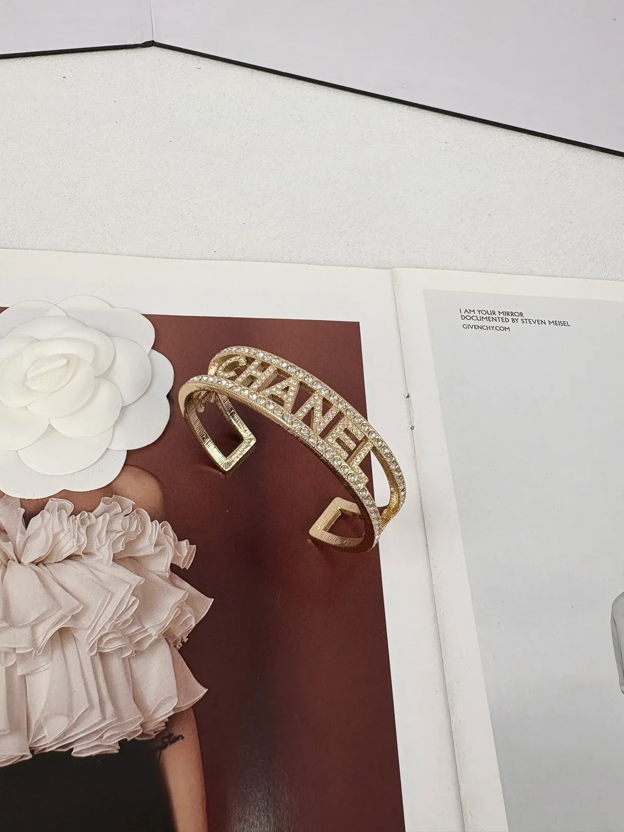 Chanel Logo Cuff Silver Transparent Open Crystal-Pavé Bracelet 12