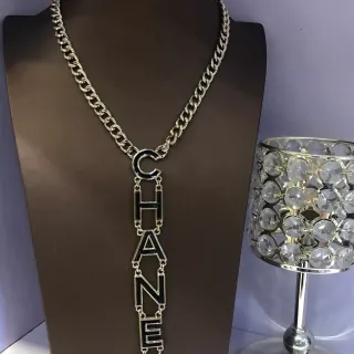 Chanel Logo Pendant Necklace Silver Black Chunky Curb Chain Vertical Necklace