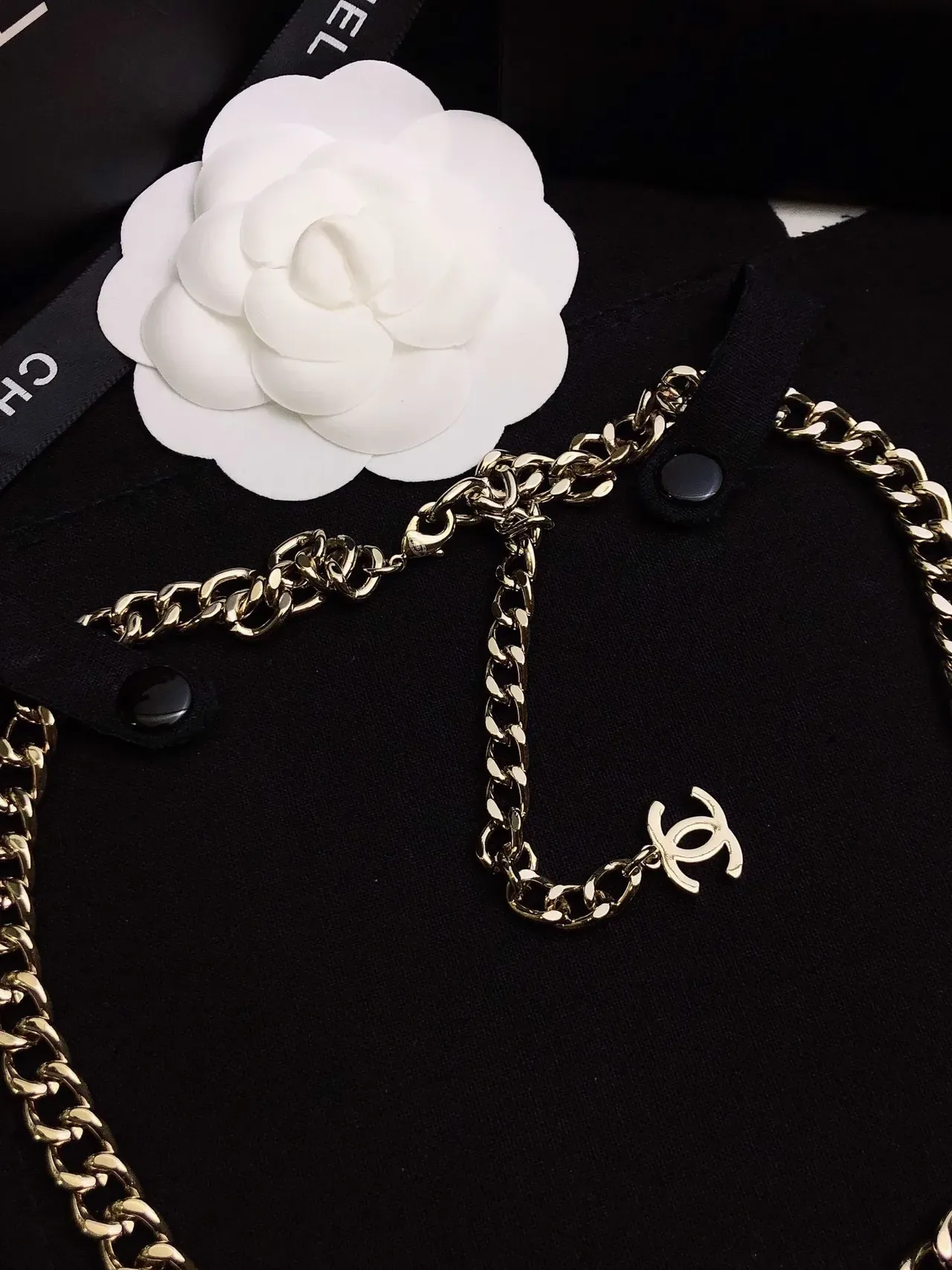 Collier pendentif logo Chanel argent noir chaîne curb chunky verticale 3