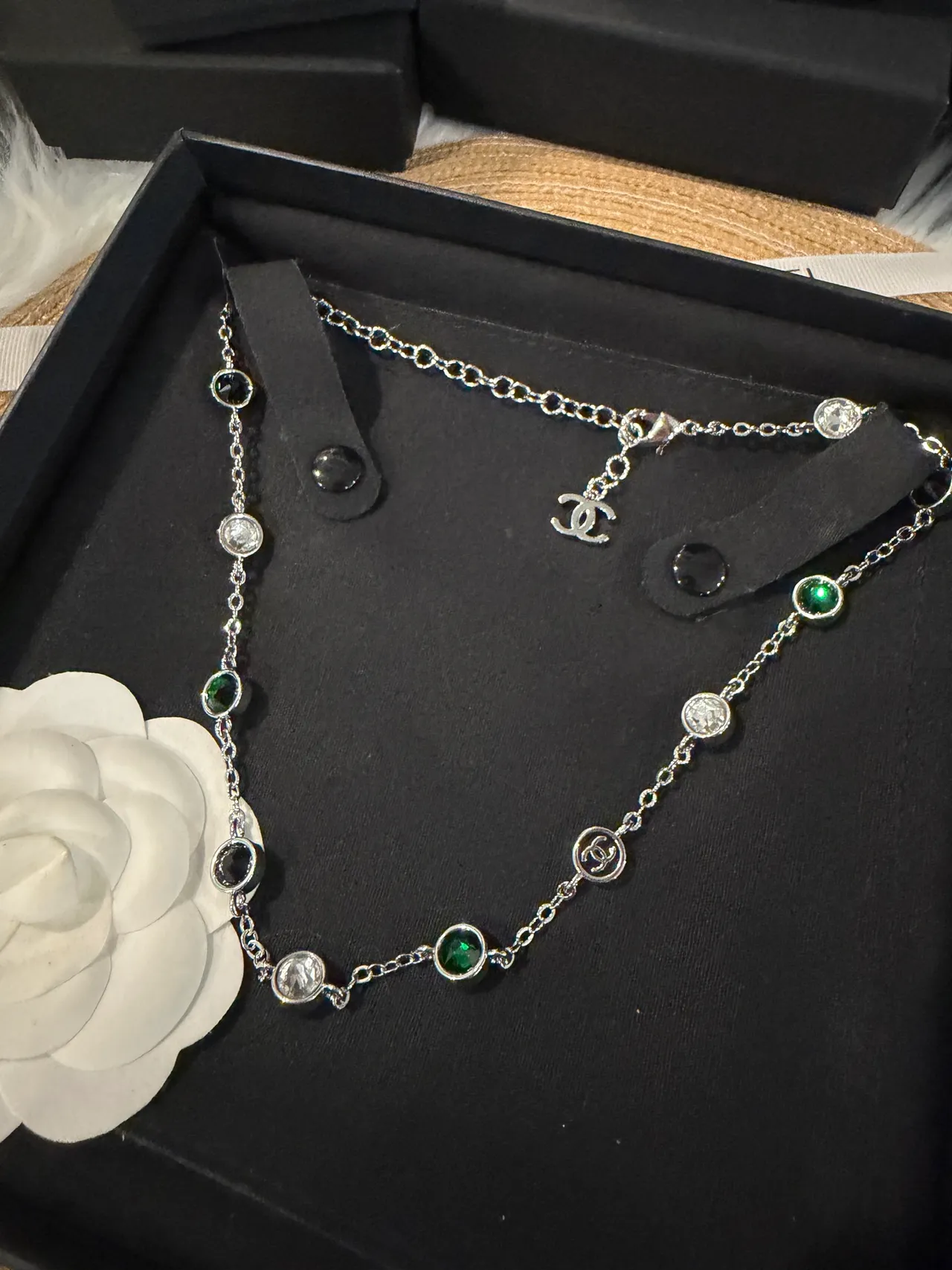 Chanel Multi-Stone Interlocking CC Logo Chain Necklace 5