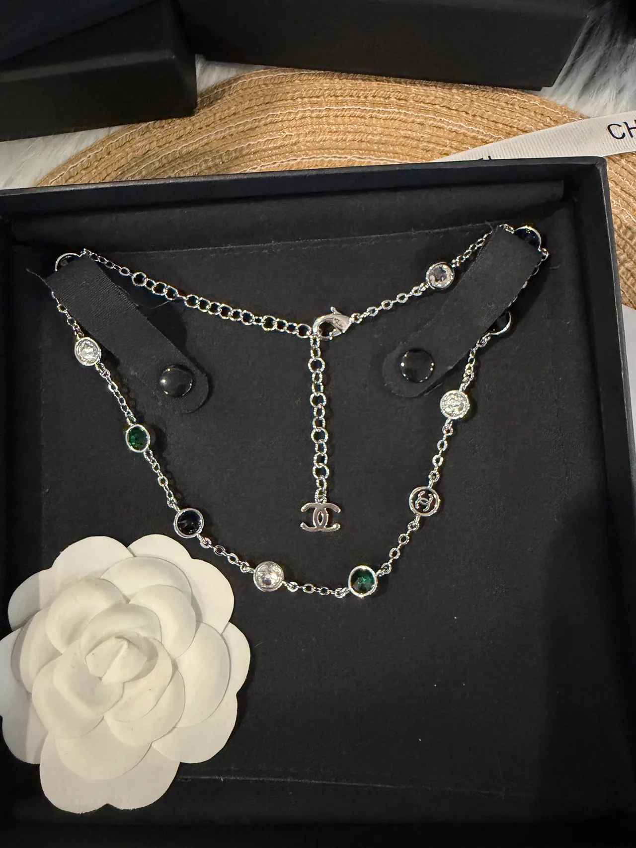 Chanel Multi-Stone Interlocking CC Logo Chain Necklace 7