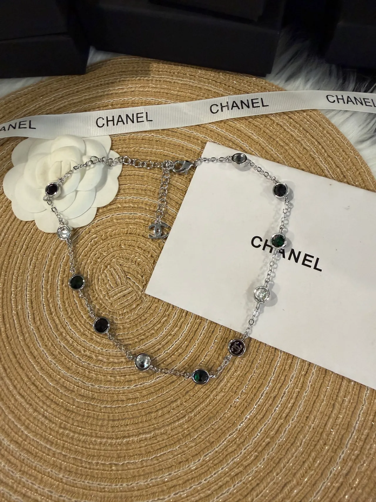 Chanel Multi-Stone Interlocking CC Logo Chain Necklace 9