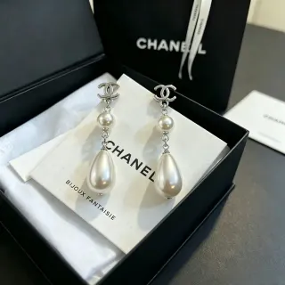 Chanel Pearl Drop Silver White Double-C Logo Earrings