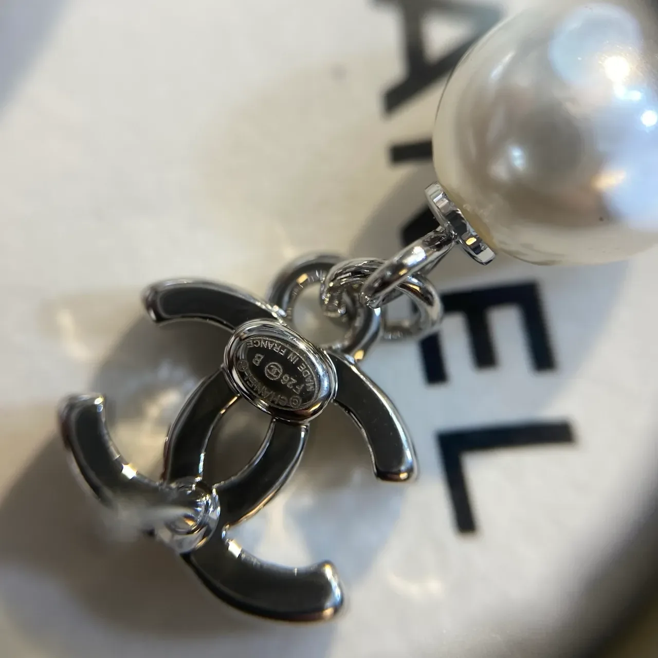 Chanel Pearl Drop Silver White Double-C Logo Earrings 2